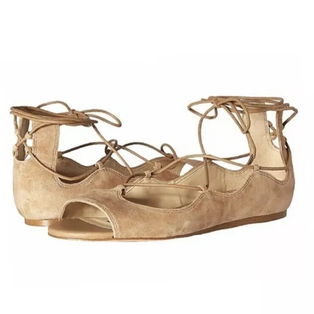 Sam Edelman Barbara Open Toe Nude Suede Ballet Lace Up Flats Size 8